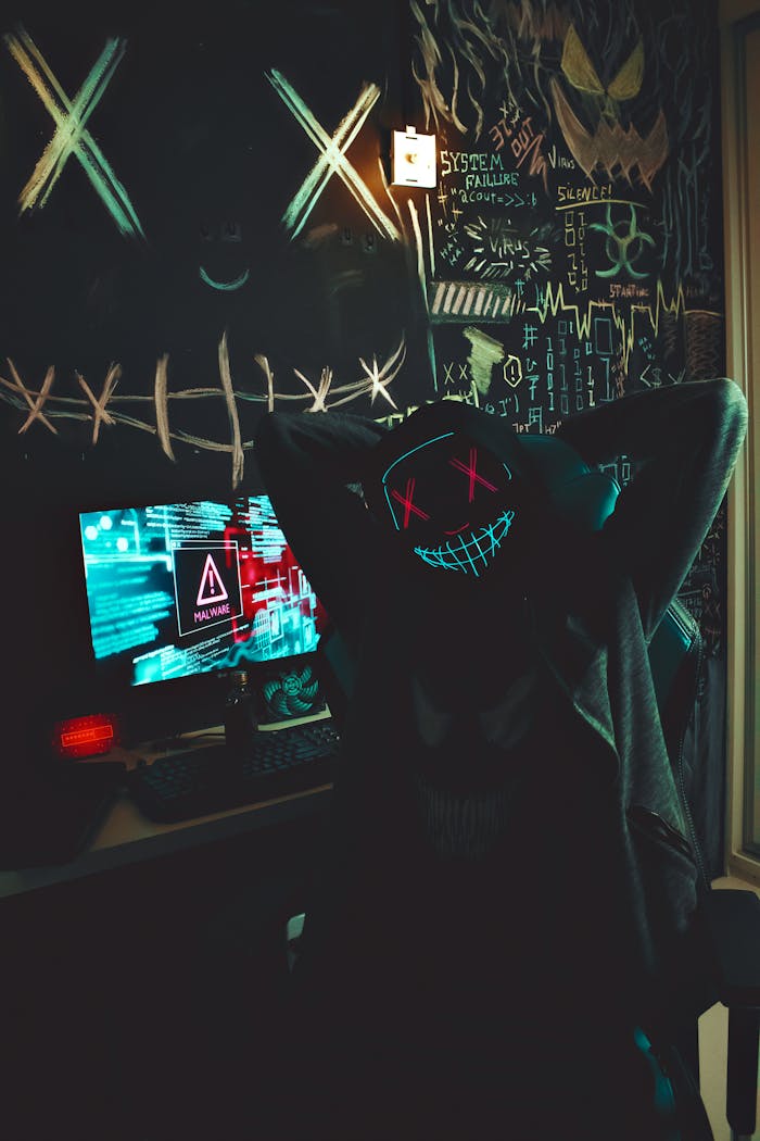 ours-journey A person with a glowing mask in a dark room filled with hacking-themed decor. Cybersecurity threat concept.